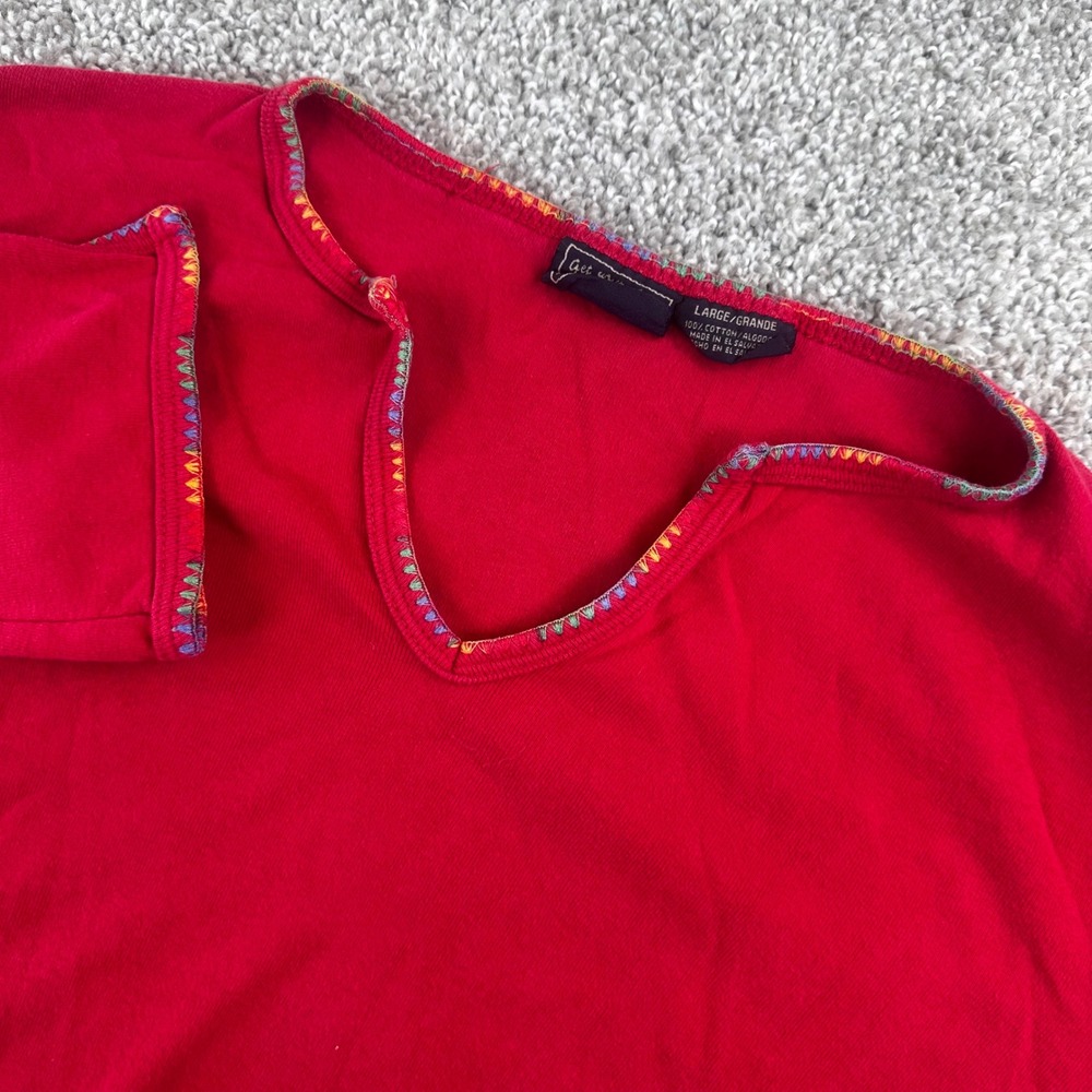 Route 66 Knit Top Women Large Blanket Stitch Cotton V-Neck Grandma 90s VTG